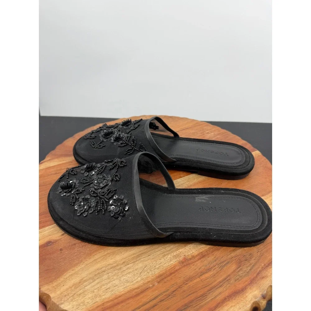 Topshop Bambi Floral Mesh Slide Sandals UK 5 US 7 Black Beaded Sequin Embellish